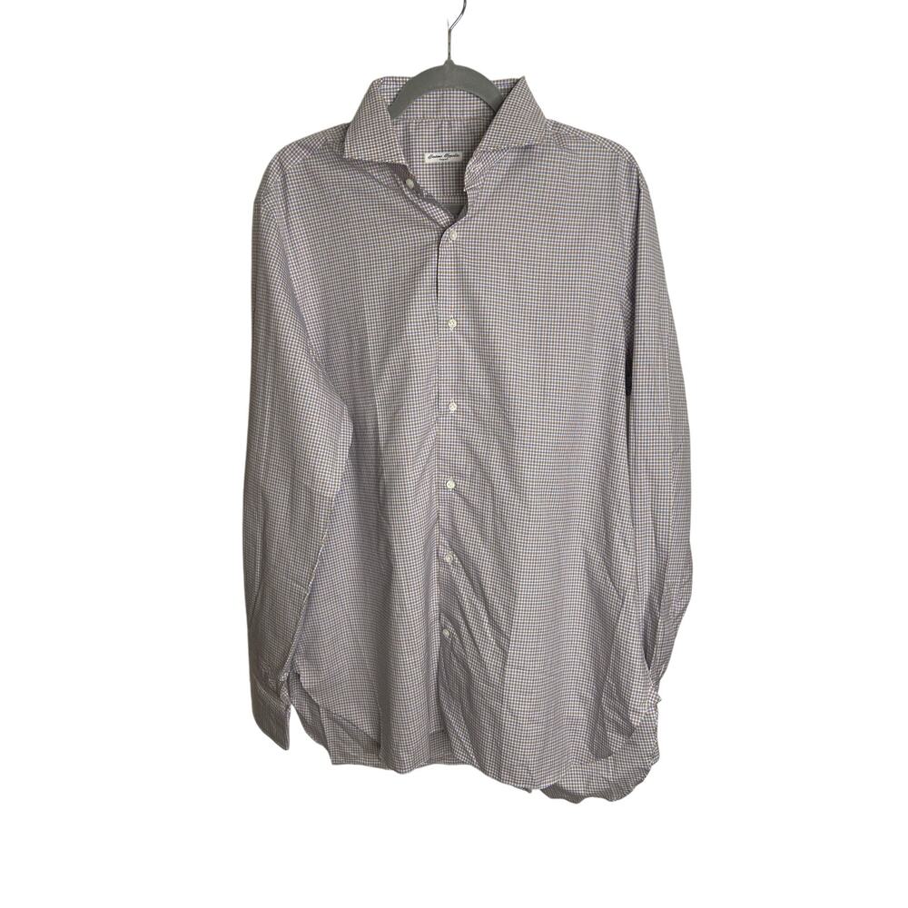 Gaetano Ippolito Napoli Plaid Button Up Long Sleeve Dress Shirt Blue Brown 17/43